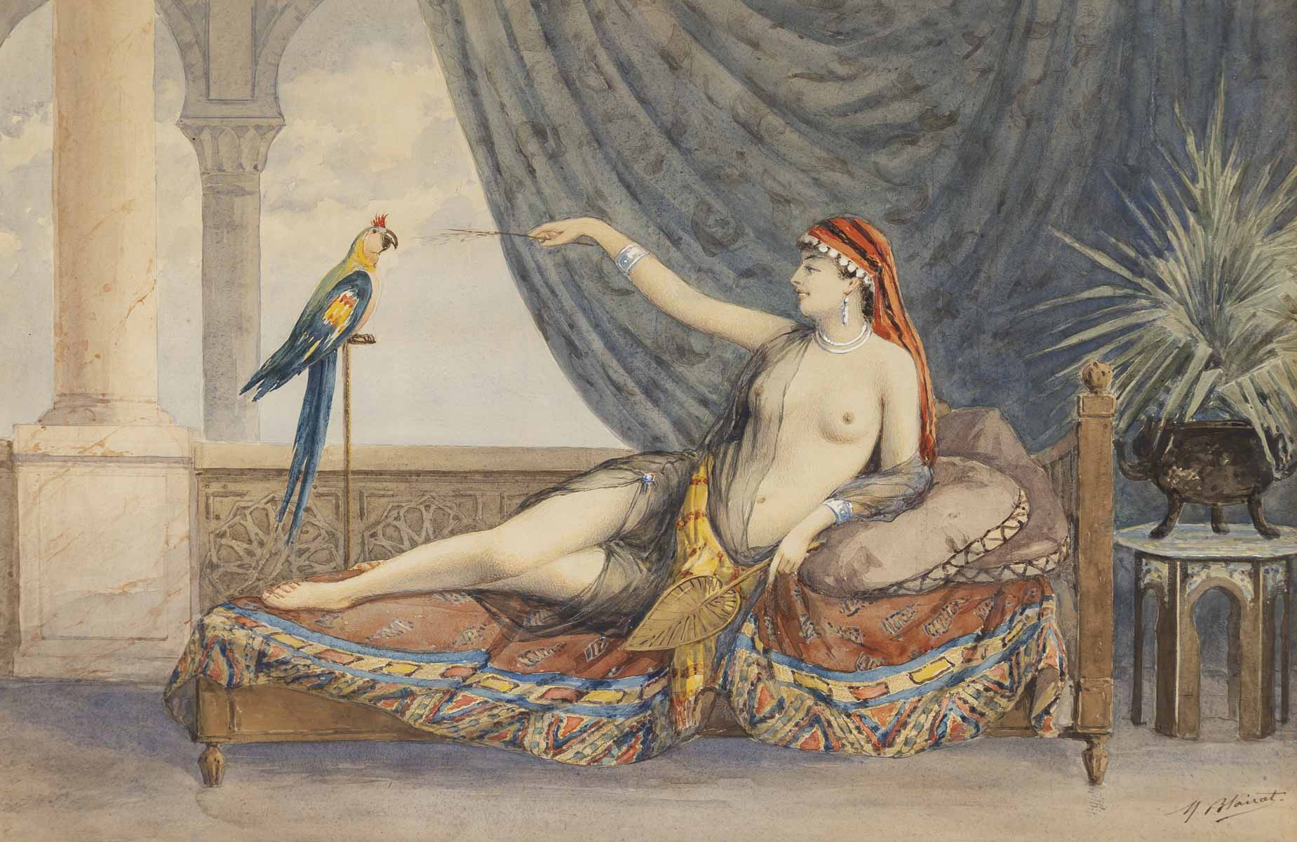 Marcel BLAIRAT(1849-1891)L’odalisque au perroquet